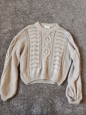 Goodnight Macaroon Cream Openwork Cable-Knit Crewneck Sweater
